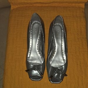BCBGirls Metallic Gray Peep Toe Heels